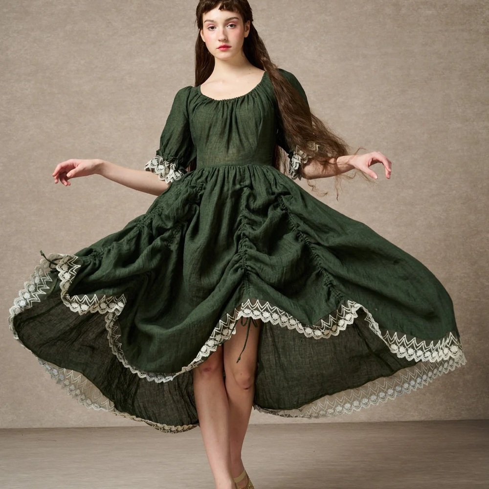 Linennaive Elowen 27 Linen Lace Gown in forest green Large